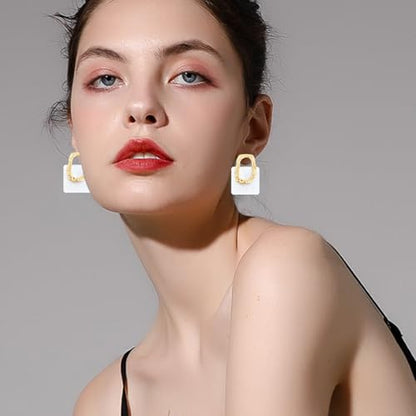 70s 80s Acrylic Hollow Round Geometric Dangle Drop Earrings Retro Square Oval Stud earrings For Women - style: White