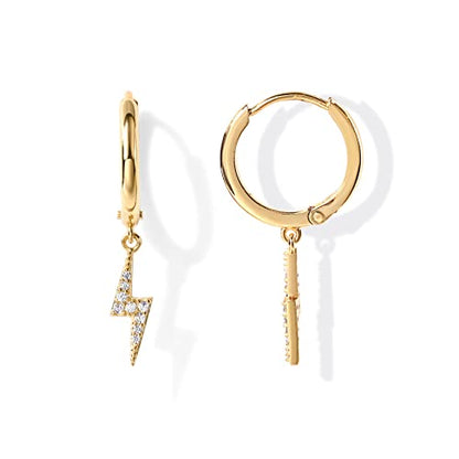PAVOI 14K Gold Plated S925 Sterling Silver Post Lightweight Drop Dangle Huggie Hoop Earrings for Women | Star, Lock, Pearl, Cross, Lightening, Coin | Dainty Earrings - style: Lightning