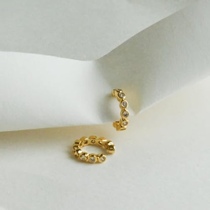 Round Huggie Ear Cuff Gold Earrings for Women | 18K Gold Plated Cubic Zirconia Sparkling | Clip On Cartilage| Simulated Diamond Bezel-Set CZ Huggie Hoop Earrings - color: Cuffs - Yellow Gold