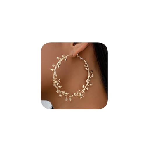 Gold Floral Hoop Earrings for Women, 14K Gold Plated Lightweight Leaf Flower Large Hoop Earrings, Hypoallergenic Fashion Statement Jewelry for Daily & Party Wear