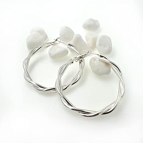 Hoop Earrings for Women, 14K Gold Sterling Silver Chunky Twisted Hoops Earring Hypoallergenic Ear Jewelry - color: Silver-38mm