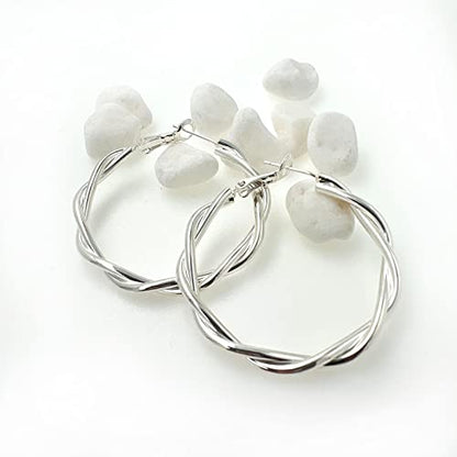 Hoop Earrings for Women, 14K Gold Sterling Silver Chunky Twisted Hoops Earring Hypoallergenic Ear Jewelry - color: Silver-38mm