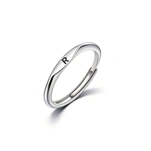 Thin Stacking Initial Rings for Women Stackable Plain Letter Ring Open Adjustable Silver Capital Alphabet Letter Band Ring - color: R