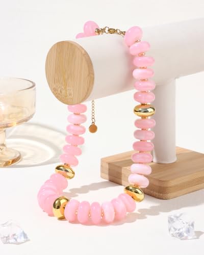 FIRAZIO Colorful Chunky Beaded Necklaces for Women | Trendy Statement Necklace Choker Necklace Boho Summer Beach Vacation Jewelry Gift - color: Pink Beaded