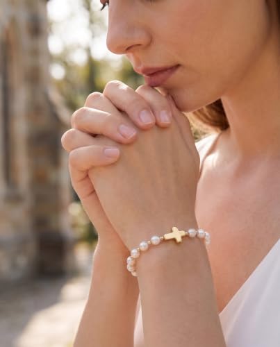 HGDEER God's Blessing Cross Bracelet for Women & Teens, Christian Gift | 14K Gold Plated, Natural Malachite & Turquoise Beads, Secure Adjustable Bolo Clasp, Hypoallergenic, Gift for Women & Teens - color: White
