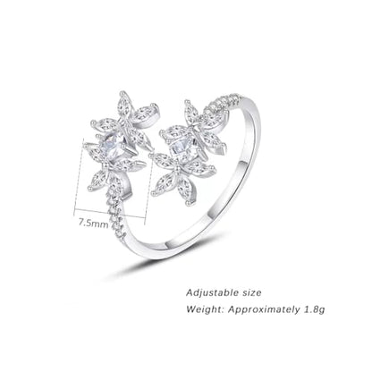Adjustable Cubic Zirconia Ring for Women, Stackable Leaf Flower Design, Open Style