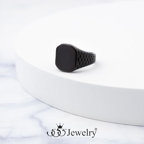 555Jewelry Stainless Steel Solid Plain High Polish Round Signet Ring for Men - color: Square Black