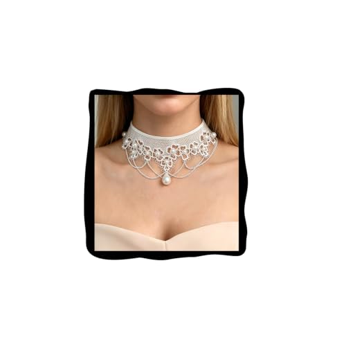 Lace Choker Necklace for Women Tassel Pendant Choker Necklaces Elegant Boho Collar Necklaces Statement Artistic Chain Necklace with Pearl Halloween Party Cosplay Costume Jewelry - color: White Lace pearl-3