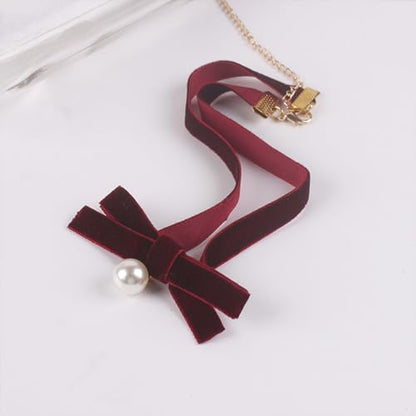 Bow Necklace for Women Dainty Velvet Ribbon Choker Necklaces Red Black Bow Choker Pearl Bell Heart Pendant Necklace Winter Holiday Necklace Cute Bow Knot Necklace for Christmas New Year Gifts - color: Red+pearl