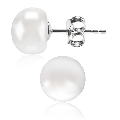 ALYC Pearl Earrings Freshwater Pearl White Button Stud Earrings with 925 Sterling Silver for Women - size: 6.0-7.0mm