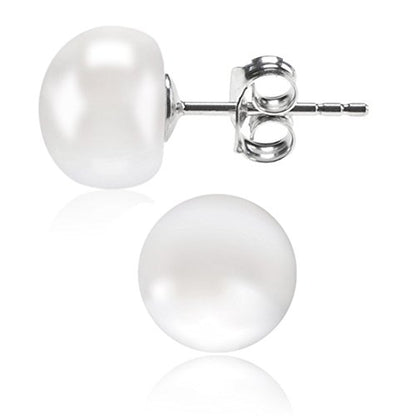 ALYC Pearl Earrings Freshwater Pearl White Button Stud Earrings with 925 Sterling Silver for Women - size: 6.0-7.0mm