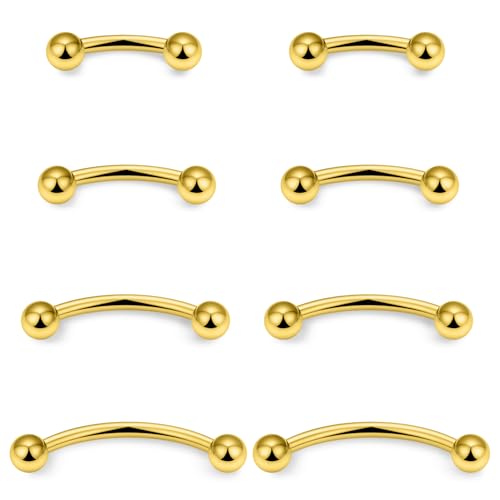 Eyebrow Piercing Jewelry Surgical Steel Vertical Labret Lip Jewelry Curved Barbell Tiny Eyebrow Ring Ear Rook Navel Small Belly Button Ring for Women Men 16g Bar Length 6mm/8mm/10mm/12mm - color: goldtone,ball