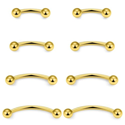 Eyebrow Piercing Jewelry Surgical Steel Vertical Labret Lip Jewelry Curved Barbell Tiny Eyebrow Ring Ear Rook Navel Small Belly Button Ring for Women Men 16g Bar Length 6mm/8mm/10mm/12mm - color: goldtone,ball