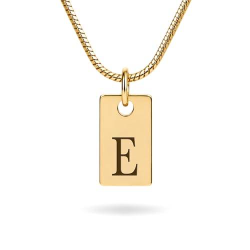 Initial Necklace in 18K Gold Plated, Personalized Engraved Letter Pendant, Gold Snake Chain, 6×10 mm Rectangle Charm for Women - color: E
