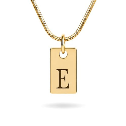 Initial Necklace in 18K Gold Plated, Personalized Engraved Letter Pendant, Gold Snake Chain, 6×10 mm Rectangle Charm for Women - color: E