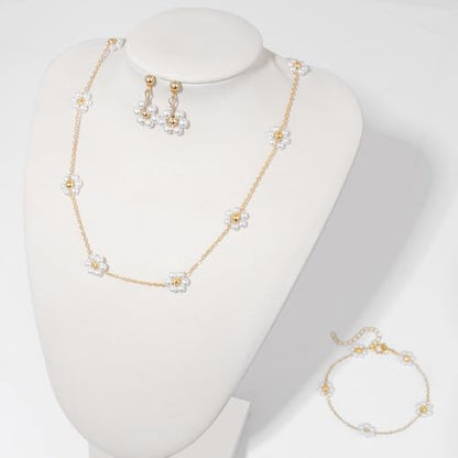 Raicegs Pearl Jewelry Set for Women Wedding Pearl Necklace Bracelet Earrings Set Bride Bridesmaid Dainty Jewelry Gift for Women - color: Flower Jewelry