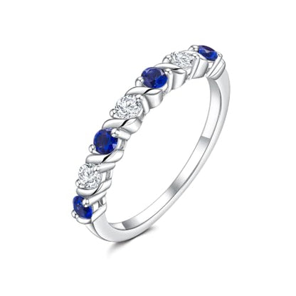 Stackable Half Eternity Rings for Women 14K Gold Plated Wedding Band | Cubic Zirconia/Emearld/Ruby/Sapphire 2.5mm Thin Promise Ring for Mom Wife friends - color: CZ/Sapphire