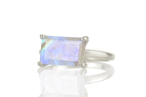 Emerald Cut Moonstone Ring - Rainbow Moonstone Solitaire - Sterling Silver June Birthstone - Minimalist Rectangle Gemstone Ring