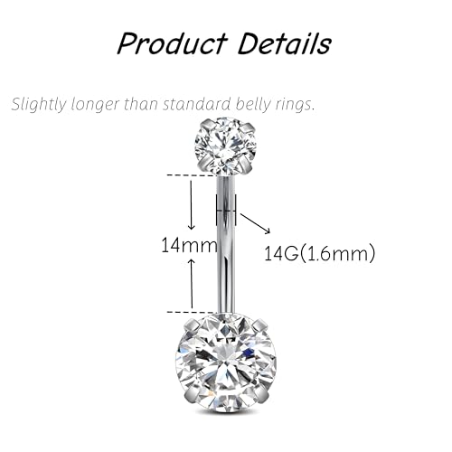 FECTAS 14g Belly Button Rings Surgical Steel CZ Petite Navel Ring for Women Body Piercing Jewelry Petite select Barbell Len 6mm 8mm 10mm 12mm 14mm Silver - style: silver1-2pcs-14mm bar