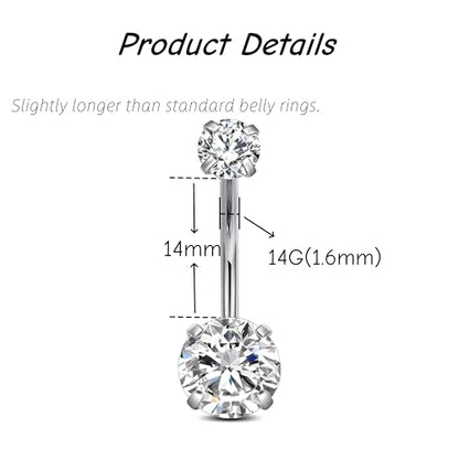 FECTAS 14g Belly Button Rings Surgical Steel CZ Petite Navel Ring for Women Body Piercing Jewelry Petite select Barbell Len 6mm 8mm 10mm 12mm 14mm Silver - style: silver-1pcs-14mm bar
