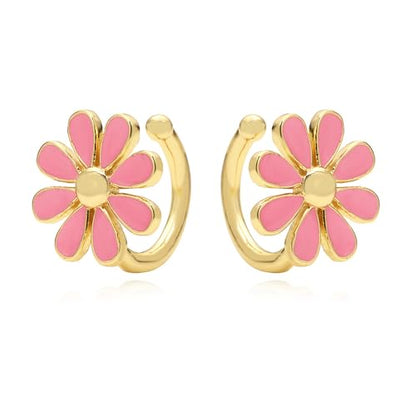Cute Daisy Flower Ear Cuff Earring Cartilage Clip On Non Piercing Lovely Sweet 14K Gold Plated White/Pink Enamel Floral Fake Huggie Hoops Earrings for Women Hypoallergenic Fashion Trendy Jewelry Gifts 14*15mm - color: Pink