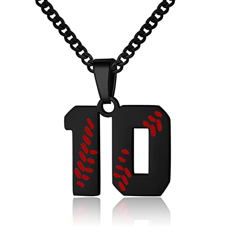 Hatti Doris Baseball Number Necklace for Men 00-99 - Jersey Number Necklace with Stainless Steel Gold Plated Chain & Baseball Charm Pendant - color: Black, style: 10