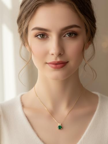 CYW Genuine Sapphire/Emerald/Ruby/Moissanite Necklace for Women, Really Authentic Solid 925 Sterling Silver, 16"/18"/20" Adjustable Chain, Anniversary Mother's Day Valentines Gift - color: Emerald - Round - Yellow Gold, size: 8mm