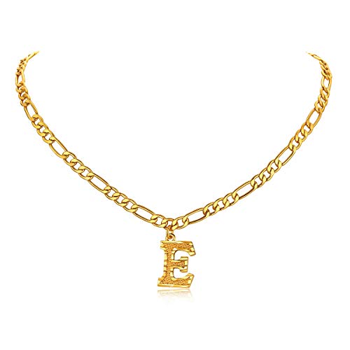 14K Gold Plated Initial Necklaces for Women Men A-Z Letter Necklaces | Figaro Chain, 16"+2" Adjustable Length, with Gift Box - style: E