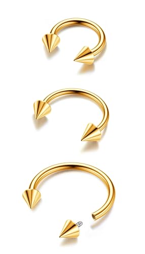 G23 Titanium 14/16/18/20G Septum Rings Horseshoe Nose Ring Jewelry | 2/3Pcs Circular Barbell Spike Lip Body Piercing Jewelry Conch Helix Tragus Earring Silver/Black 8/10/12mm 14K Gold Plated - color: Gold-3pcs, size: Spike-3pcs-16g-8/10/12mm