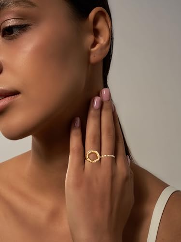 Fxiqini 12Pcs Gold Stackable Rings 18K Gold Plated Chunky Knuckle Finger Ring Geometric Bead Cloud Wave Flower Hollow Statement Bands Signet Open Rings for Women Adjustable Size 4-9 - color: A-Gold