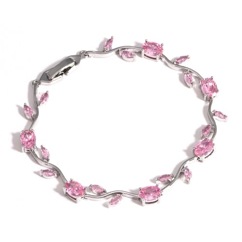 Tulip Flower Bracelet for Women 14K Gold Plated Stainless Steel with Colorful Cubic Zircon Dainty Cute Pink Rose Floral Jewelry Gift for Her Crystal Flower Leaf Bracelets -7.5inch/190mm - color: Pink White Gold