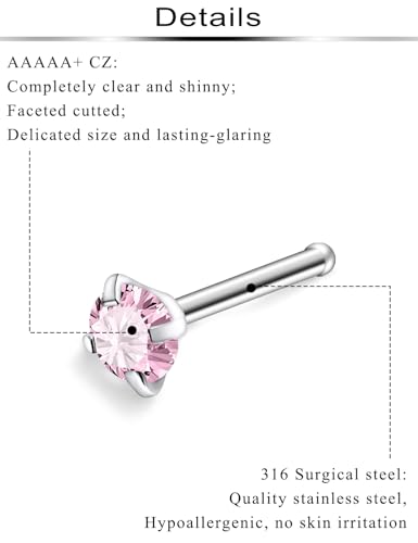 Hypoallergenic Nose Rings Studs 18G & 20G Surgical Steel Nose Studs L Shaped Nostril Piercing Jewelry with Pink Cubic Zirconia for Women & Men - color: 20g,Straight,pink crystal