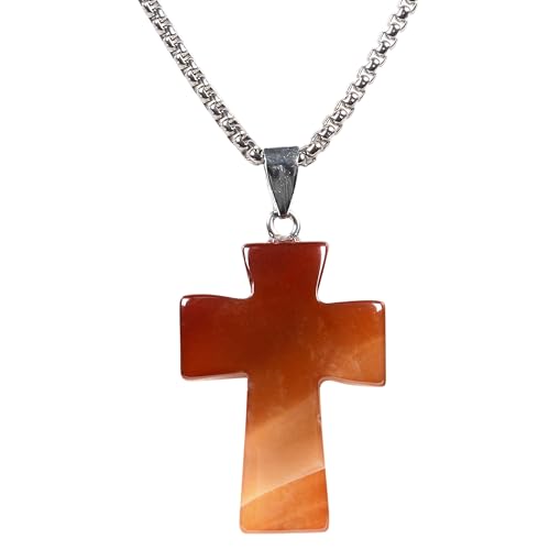 Justinstones 32mm Gemstone Carved Cross Reiki Chakra Pendant With Stainless Steel Necklace 22 Inch - color: Red Agate