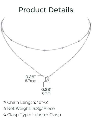 ChicSilver Layered Initial Necklace for Women, 925 Sterling Silver Personalized Letter A-Z Pendant Necklaces, Hypoallergenic Silver Choker with Adjustable 16" Rolo Chain, Dainty Birthday jewelry - style: D