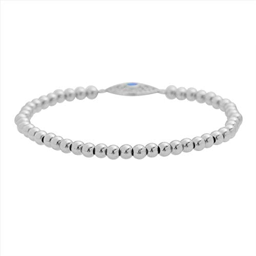 Women Evil Eye Ball chain Elastic bracelet with CZ Cubic Zirconia - color: Opal Silver