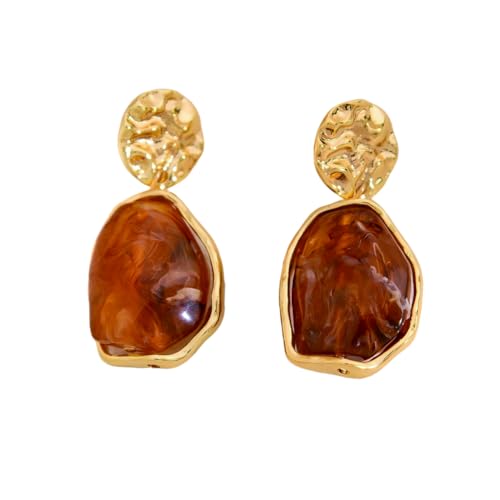 Irregular Crystal Dangle Earrings for Women Gold Textured Gemstone Earrings Geometric Acrylic Stud Earring Jewelry Gift - color: Brown