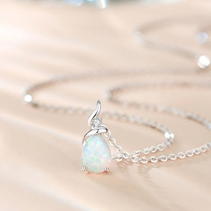 FANCIME 14K Solid White Gold Birthstone Pendant Necklace for Women with Diamond Pear Shaped Teardrop Necklace Birthday Gifts for Mom Women,Sterling Silver Chain 16" + 2" Extender - color: 10-Opal