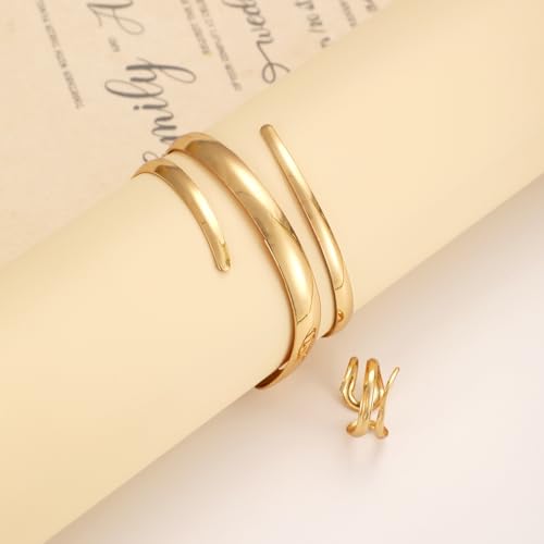 Chunky Gold Bangle Bracelet Ring Set for Women Chunky Wide Cuff Bracelets Trendy Geometric Open Statement Bracelet Ring Set Dainty Minimalist Jewelry - color: Gold