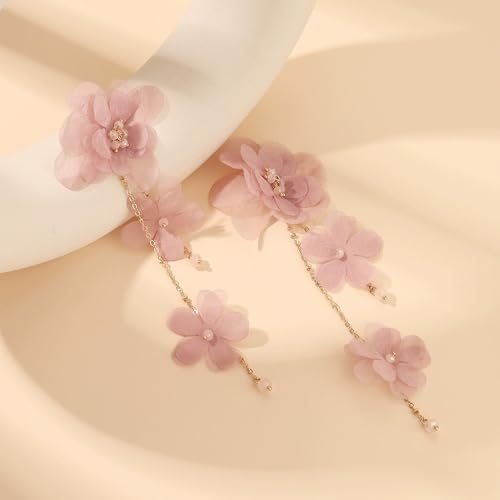 Flower Earrings for Women Long Fabric Flower Tassel Earrings Bohemian Handmade Floral Statement Earring Wedding Prom Jewelry Gifts - color: A4：pink