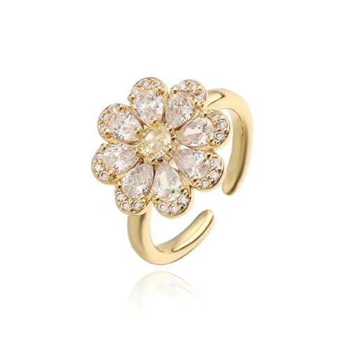 NewZenro Rhinestone Flower Adjustable Open Rings for Women Silver/Gold Plated Sparkling Crystal Floral Statement Finger Band Wrap Rings Comfort Fit Dainty Wedding Jewelry - color: Gold