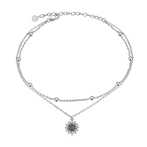 POPLYKE 925 Sterling Silver Double Layered Chain Evil Eye Daisy Sunflower Butterfly Anklets for Women Holiday Beach Crystal Ankle Bracelet Dainty Evil Eye Jewelry - style: Antiqued Sunflower Anklet