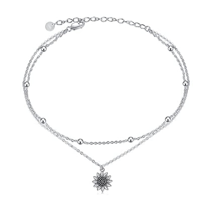 POPLYKE 925 Sterling Silver Double Layered Chain Evil Eye Daisy Sunflower Butterfly Anklets for Women Holiday Beach Crystal Ankle Bracelet Dainty Evil Eye Jewelry - style: Antiqued Sunflower Anklet