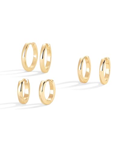 PAVOI Gold Hoop Earrings for Women - 14K Gold Plated 925 Sterling Silver Posts 3 Pairs Hoop Earrings Set for Women - Hypoallergenic Huggie Earring Pack - style: Plain