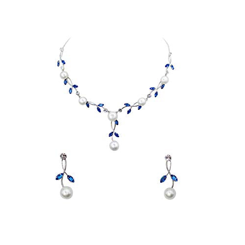 Faship Genuine Freshwater Pearls Floral Necklace Earrings Set | Premium CZ Crystal, Gorgeous, Sparkling - color: Blue
