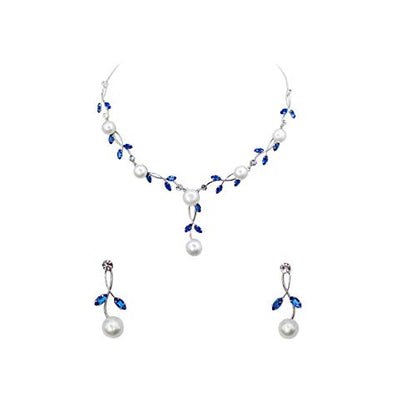 Faship Genuine Freshwater Pearls Floral Necklace Earrings Set | Premium CZ Crystal, Gorgeous, Sparkling - color: Blue
