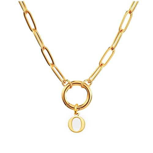 Paperclip Chain Carabiner Initial Charm Holder Necklace by Ginger Lyne | 18K Gold-Plated or Silver Tone Paperclip Chain with Carabiner Charm Holder, Adjustable 18-20 Inch, A-Z Initial Pendant - color: Gold-O