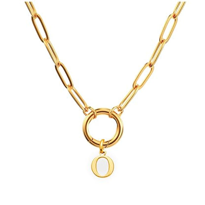 Paperclip Chain Carabiner Initial Charm Holder Necklace by Ginger Lyne | 18K Gold-Plated or Silver Tone Paperclip Chain with Carabiner Charm Holder, Adjustable 18-20 Inch, A-Z Initial Pendant - color: Gold-O