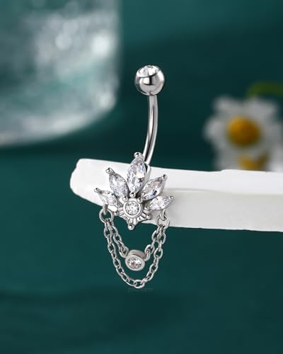 COCHARM 14G Lotus Belly Button Rings Dangle Belly Navel Rings for Women Surgical Steel Navel Piercing jewelry - color: WG-10MM