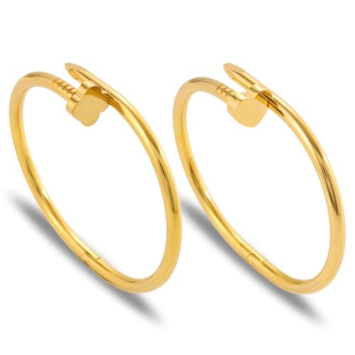 Gold Bangle Bracelets for Women -2PCS Friendship & Love Bangle Bracelet Clover Nail Bracelet Stack Set Trendy Non-Tarnish Stainless Steel Jewelry Gifts for Mom Wife Her - color: Gold-1