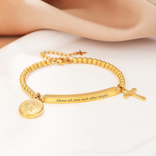 DS Inspirational Bracelet for Women Christian Engraved Bibler Verse Cross Butterfly Daisies Charm Bracelet, Exquisite Stainless Steel Jewelry Daughter Best Friend Bestie - style: Above all, love each other deeply.-Peter 4:8-Gold